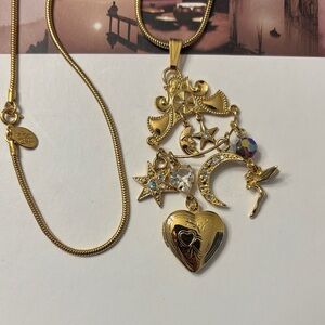 Vintage Kirks Folly Gold-Tone Charm Necklace Moon Star Heart Fairy Crystal